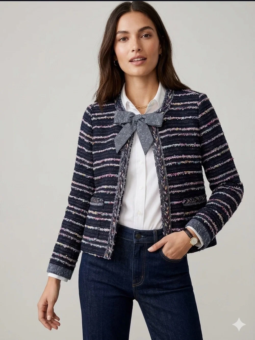 J. Crew Navy and Pink Striped Tweed Bow-Front Blazer